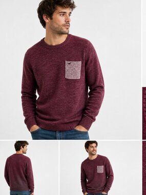 Hollister Crewneck Sweater L Burgundy Pocket Knit Casual Men